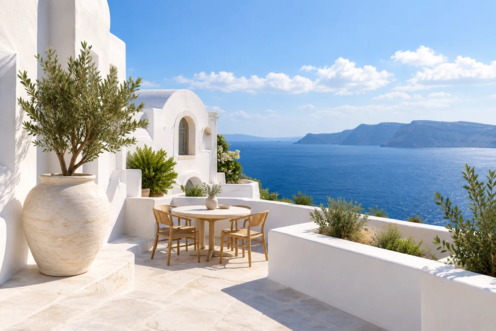 A sunlit Mediterranean terrace with an olive tree overlooking the sea
